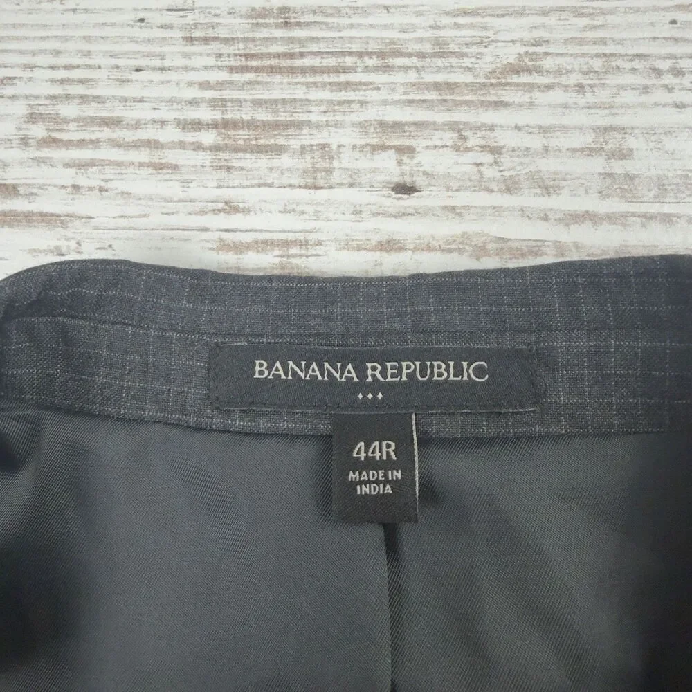 Banana Republic Men 2pc Suit 44R 36x31 Gray Grid Check Slim Fit Polyester Rayon